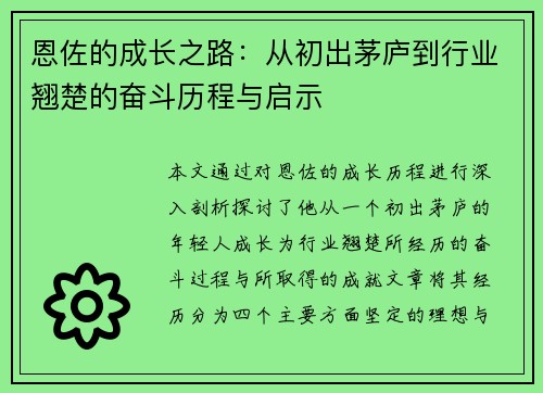 恩佐的成长之路：从初出茅庐到行业翘楚的奋斗历程与启示