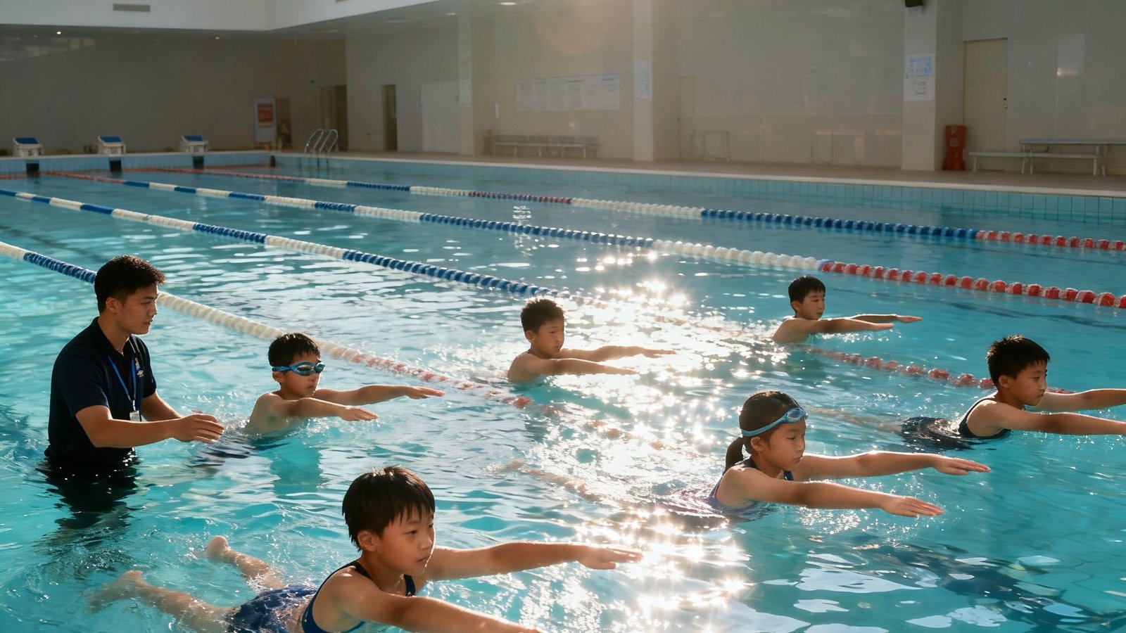 恒温游泳馆内，6名青少年学员正在教练指导下进行自由泳划臂练习，水面清澈透明，泳道线整齐排列，阳光透过天窗洒在水面上形成粼粼波光。